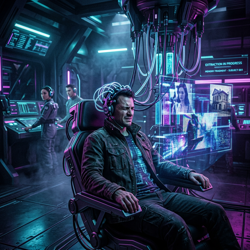 Man seated with neural cables attached to his head during memory extraction