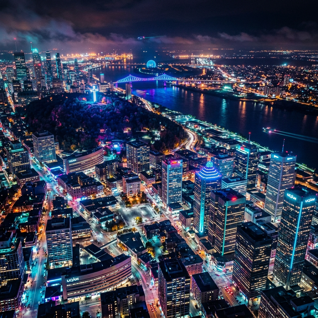 Aerial night view of Montreal with Mount Royal cross and illuminated bridge